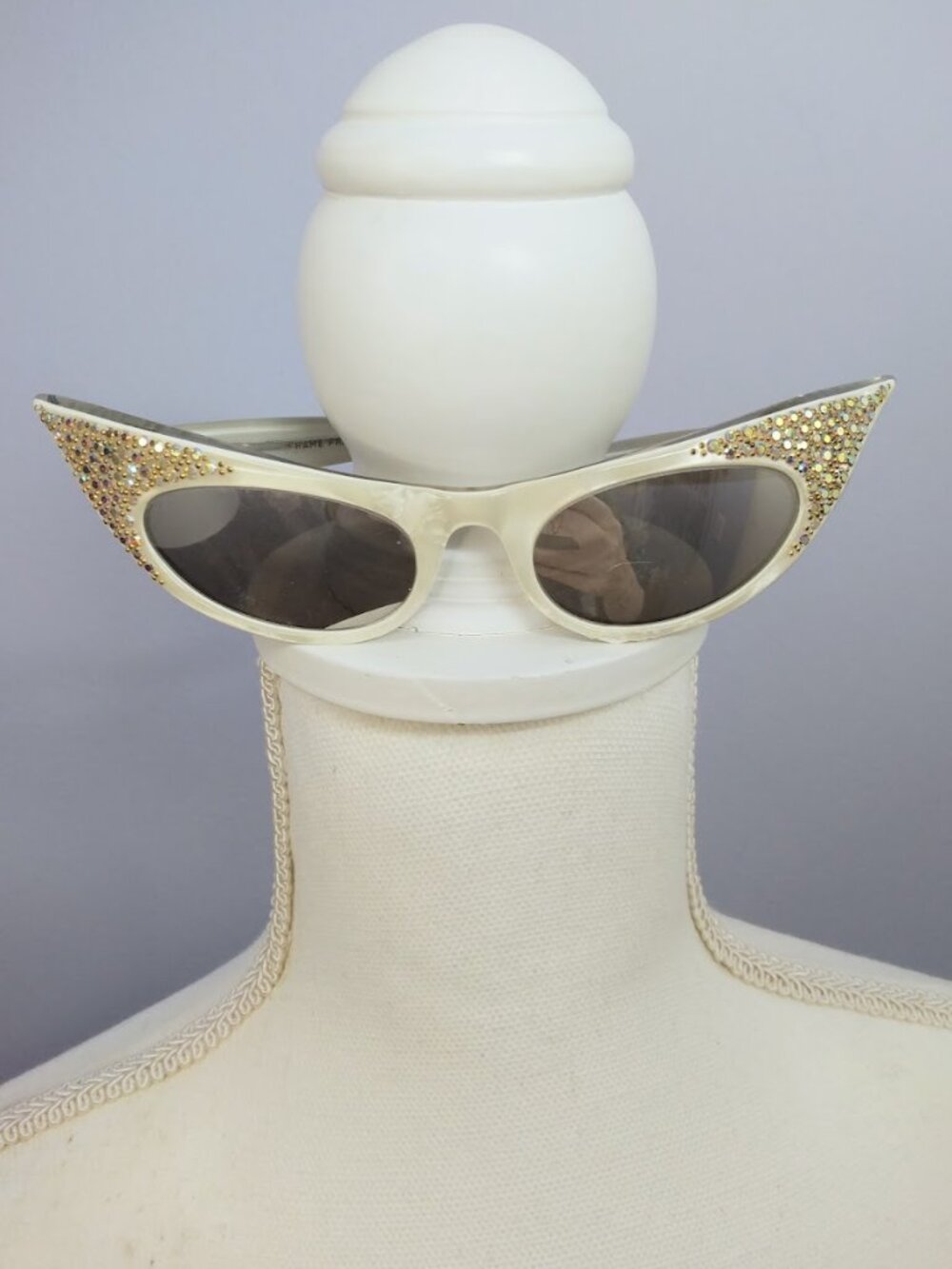 Vintage Cat Eye Sunglasses White Frame France Rhinestone Mirrored Lenses 60s Mod